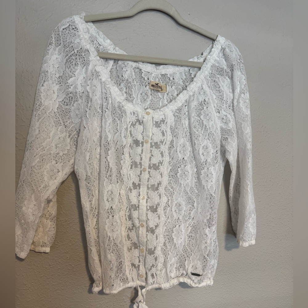 Hollister White Lace Blouse with Button Detail